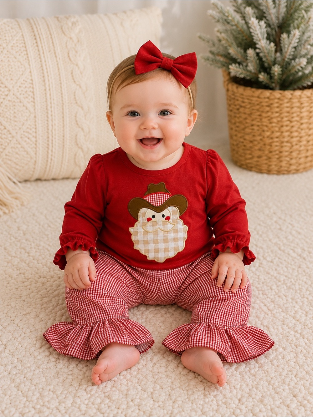 Baby Girls Red Santa Gingham Matching Set with Bow